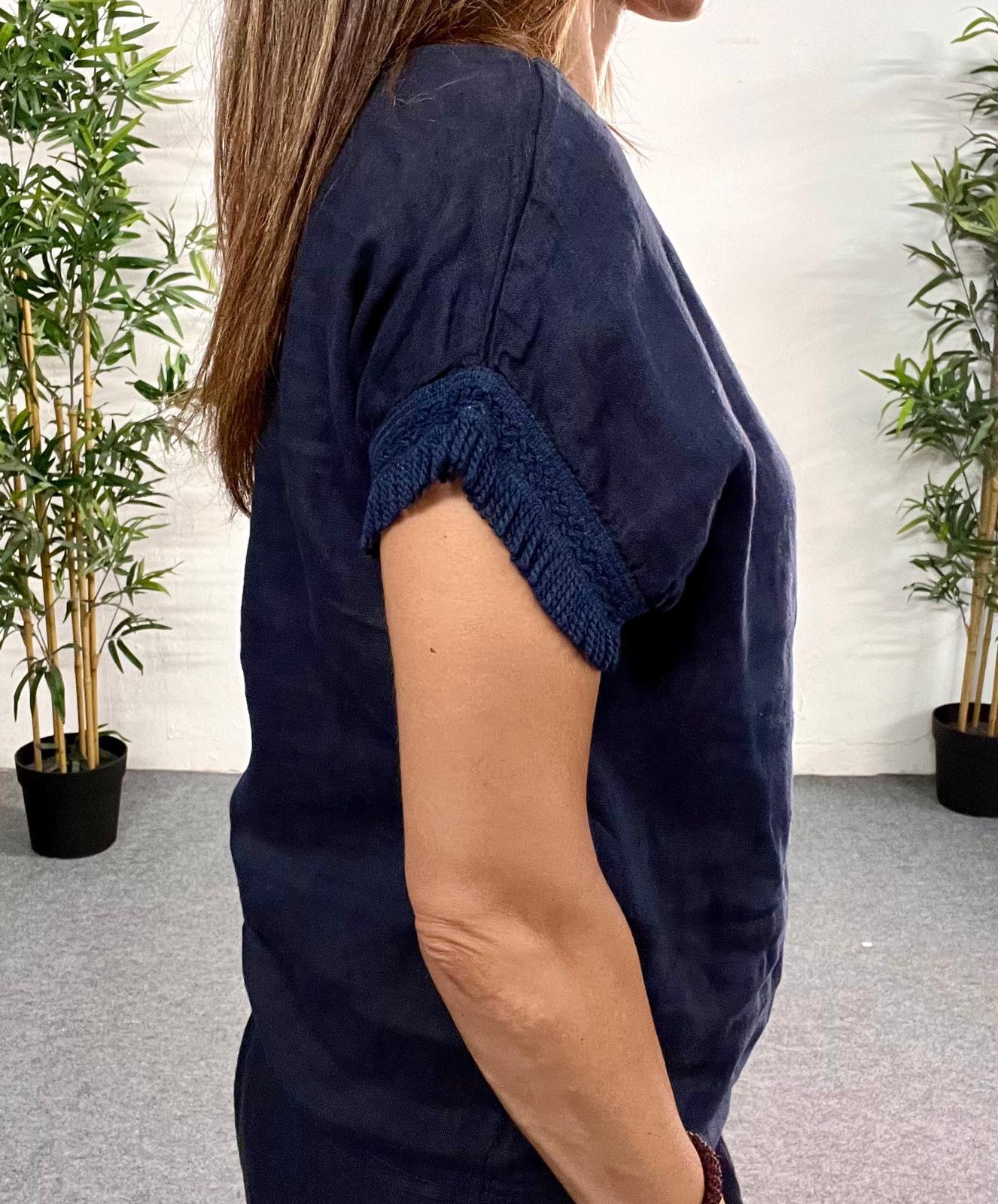 Top flecos lino azul marino