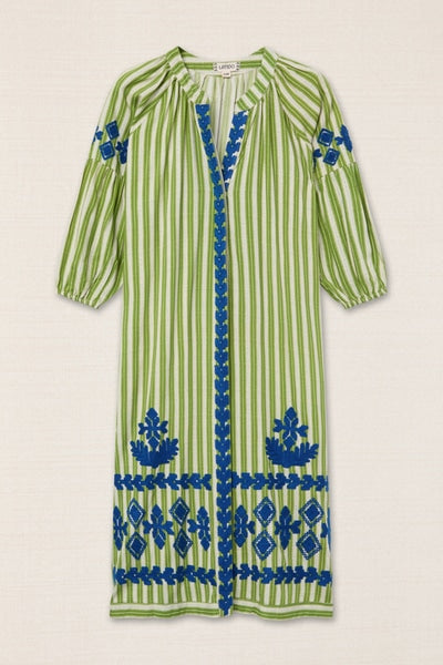 Vestido bordado de rayas verde LIDIA
