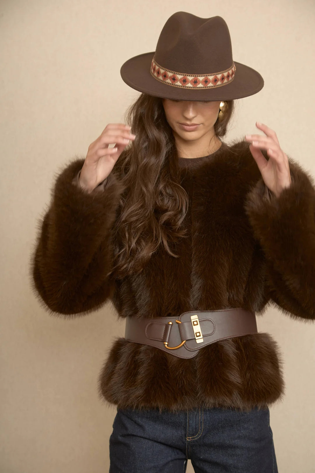 Sombrero fedora marrón cinta beige LAVINIA