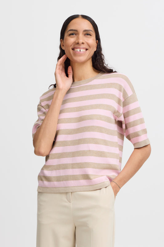 Jersey punto fino rayas rosas y beige