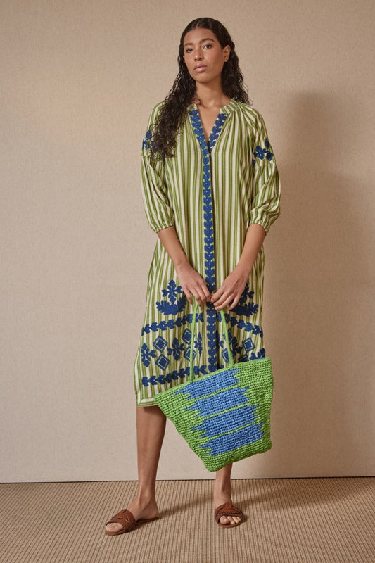 Vestido bordado de rayas verde LIDIA