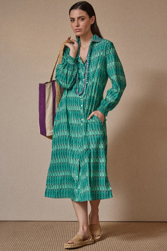 Vestido camisero verde estampado geométrico SILA