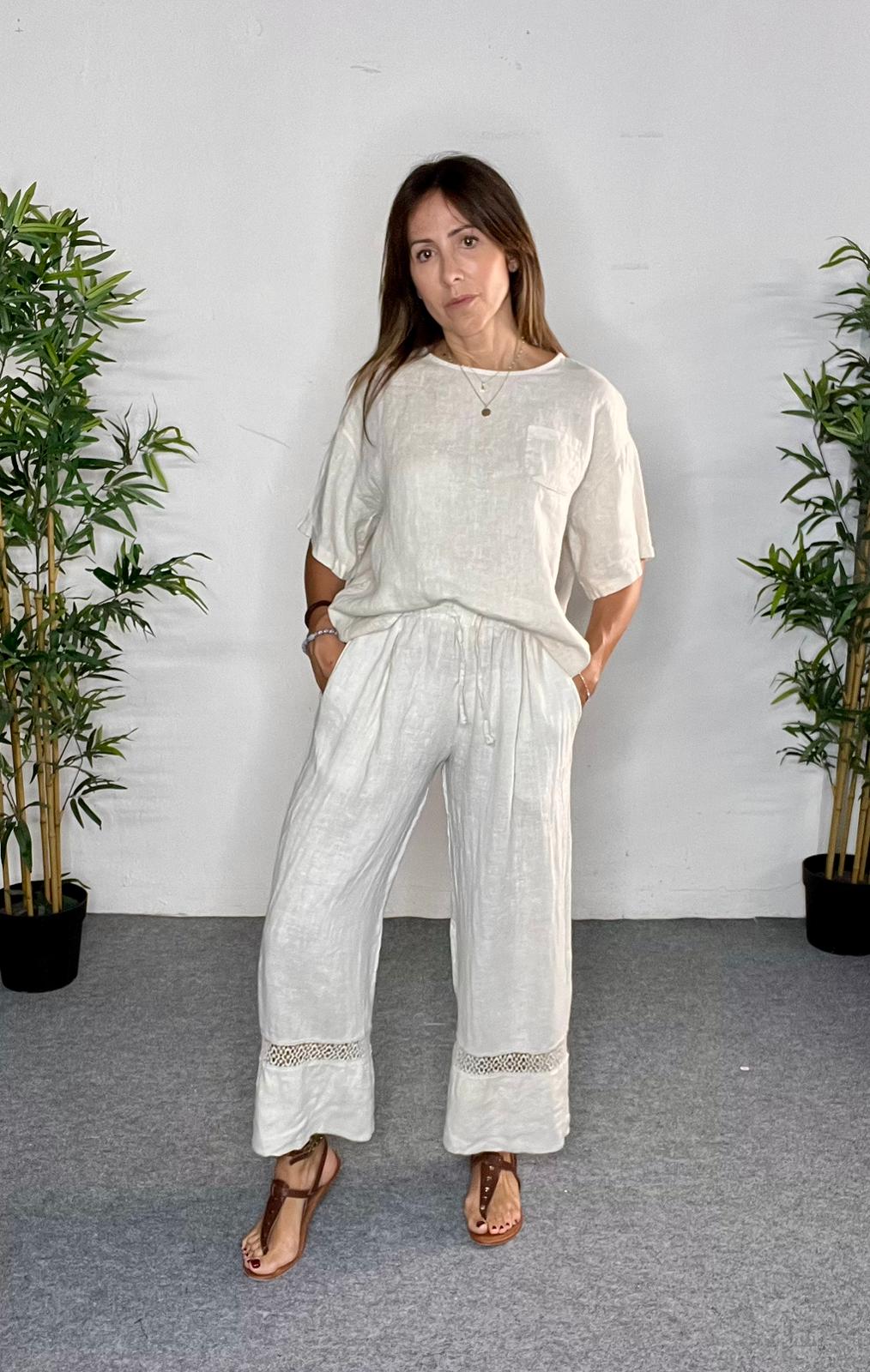 Pantalón beige con cenefa de lino