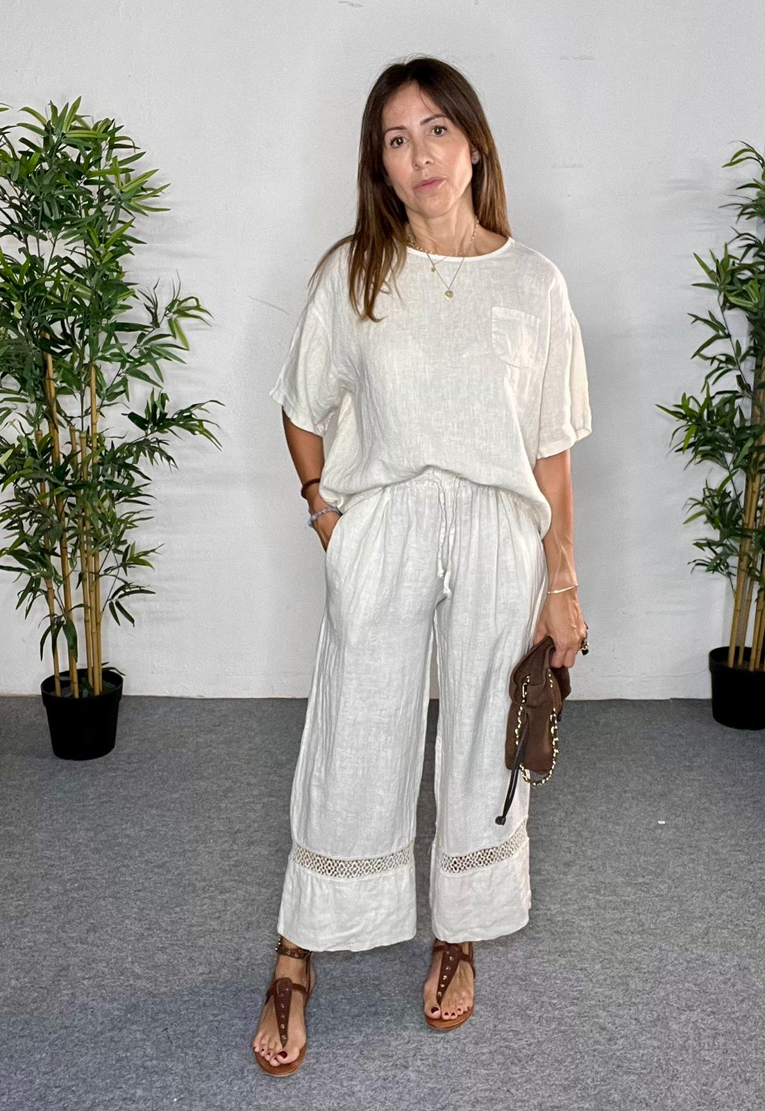 Pantalón beige con cenefa de lino