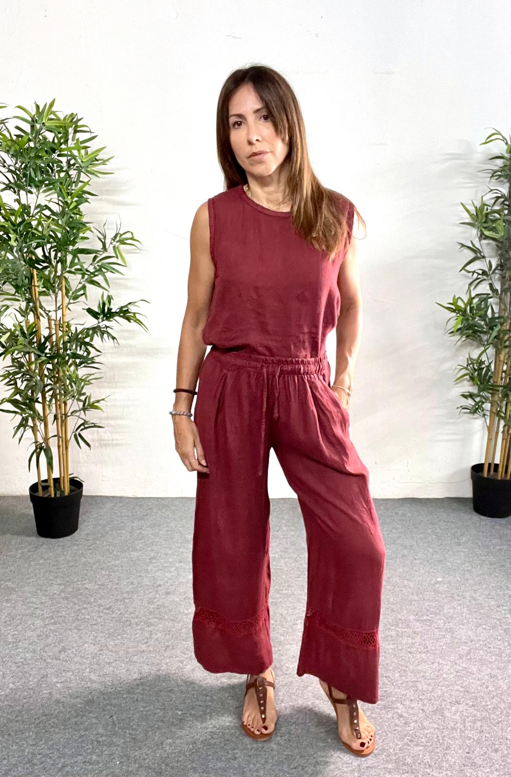 Pantalón granate con cenefa de lino