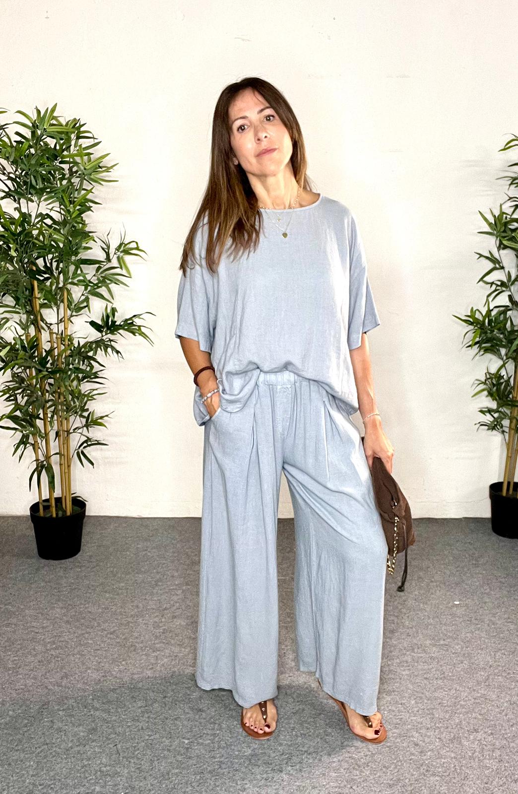 Pantalón ancho de lino azul