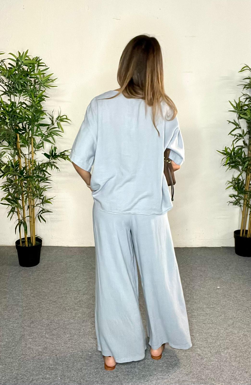 Pantalón ancho de lino azul