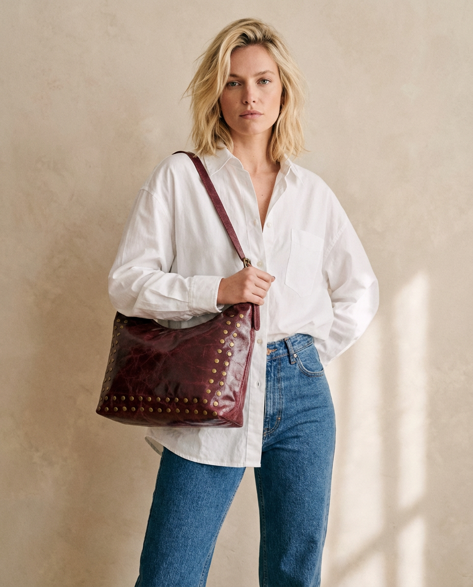 Bolso de piel con tachuelas burdeos SHINY