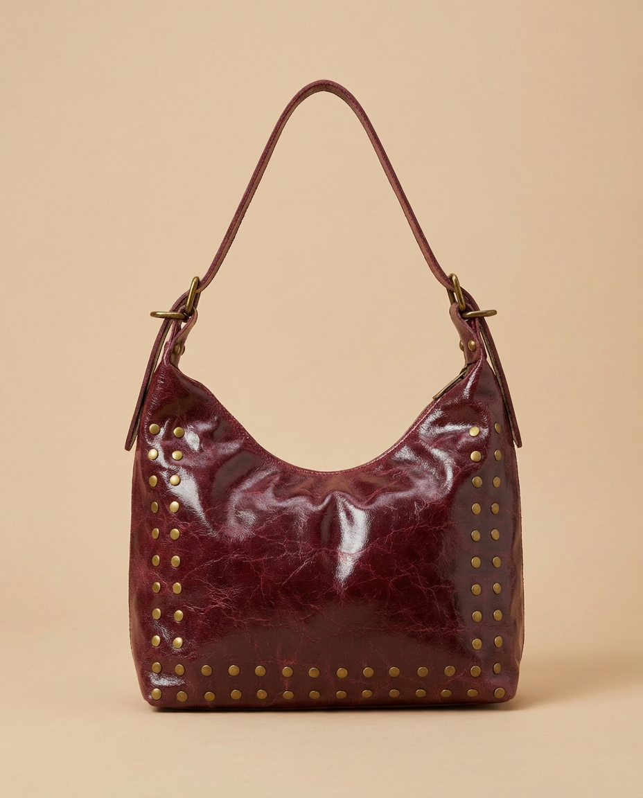 Bolso de piel con tachuelas burdeos SHINY