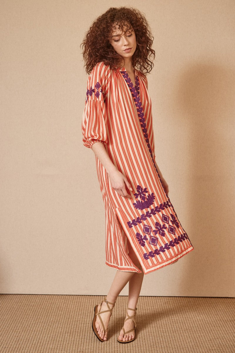 Vestido bordado rayas naranja LIDIA