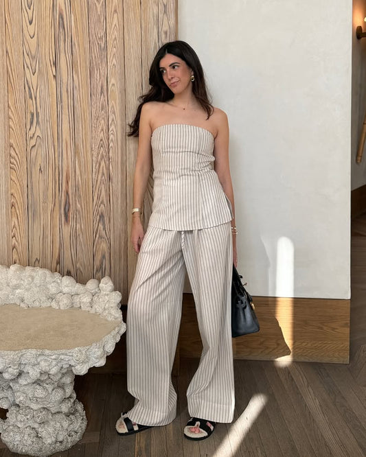 Pantalón beige fluido con rayas MARIN