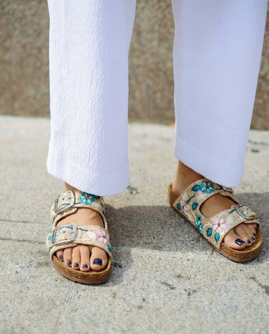 Sandalias tipo birkenstock multicolor strass flores
